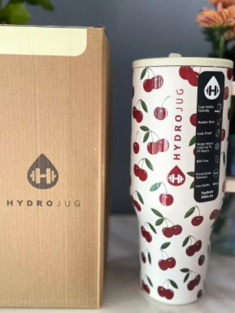 40oz HydroJug White Cherry Print Travel Tumbler